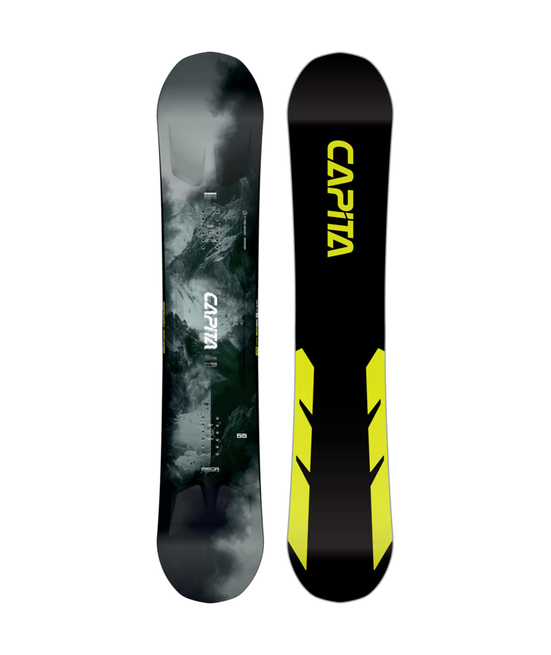 Two views of a CAPiTA snowboard with a black and yellow design on a transparent background