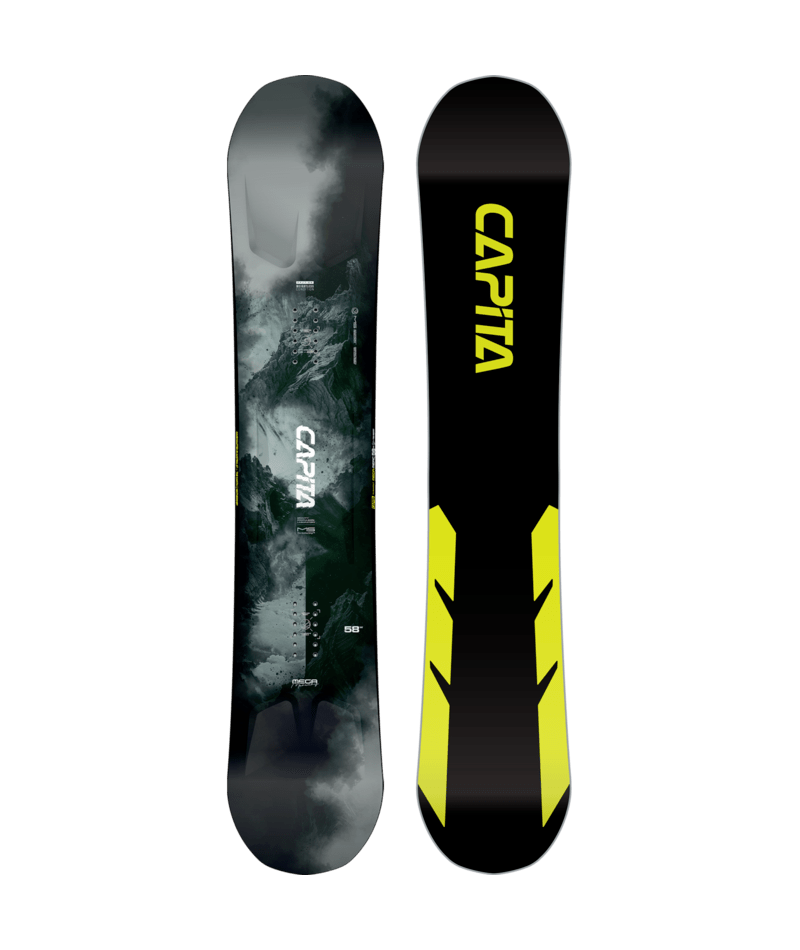 Two views of a CAPiTA snowboard with black and yellow design on a transparent background