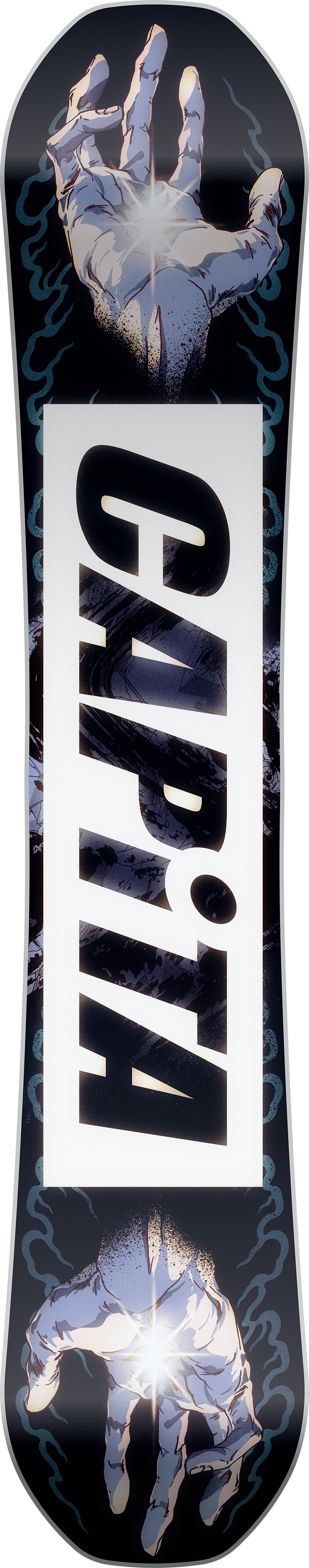 Snowboard with 'Capita' logo and hand graphic on a black background