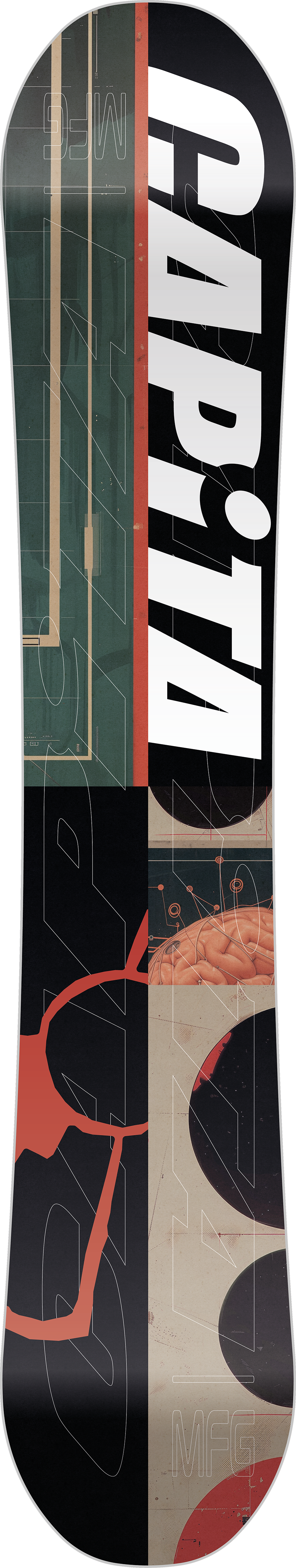 Capita snowboard deck with abstract design and brand logo.