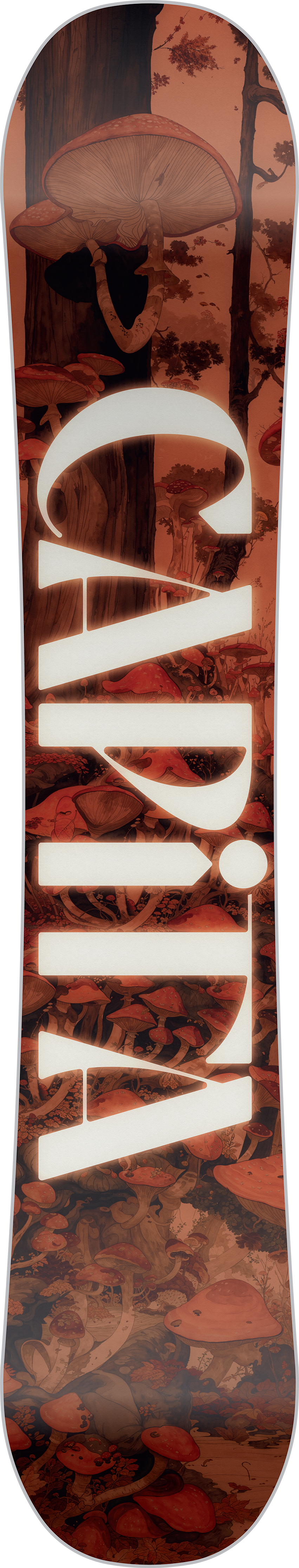 Snowboard with a camouflage pattern and visible branding on a wooden surface