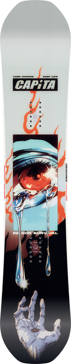 Snowboard with a graphic design featuring a hand and a helmet, branded 'Capita'.