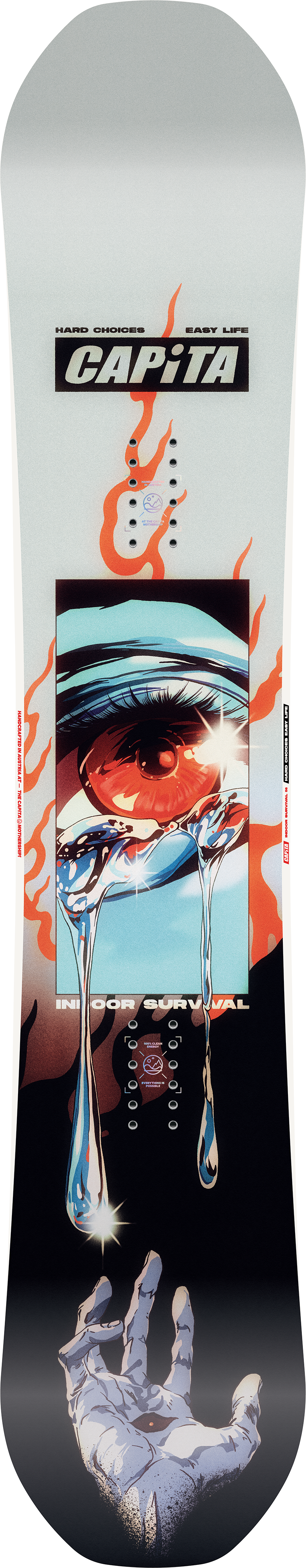 Snowboard with a graphic design featuring a hand and a helmet, branded 'Capita'.