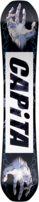 Snowboard with 'Capita' logo and hand graphic on a black background
