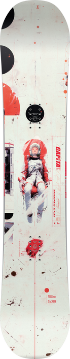 Snowboard with graphic design featuring a person in a red outfit on a white background.