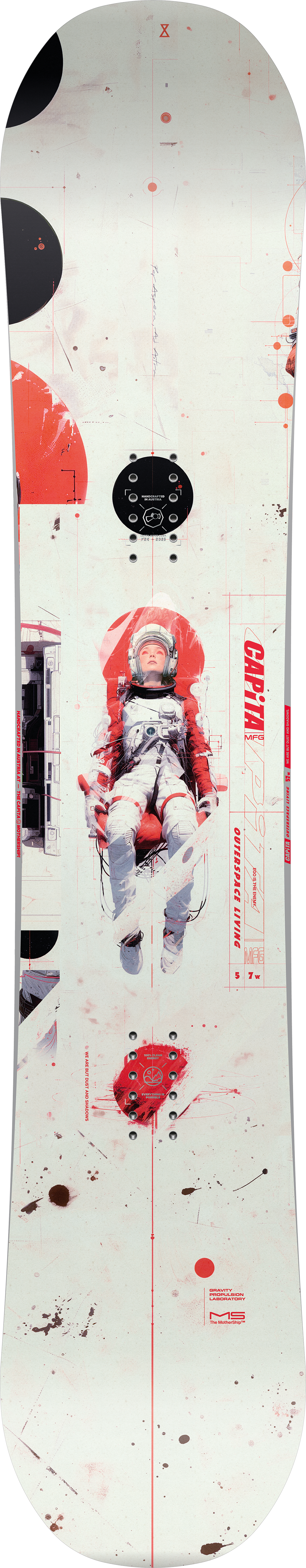 Snowboard with graphic design featuring a person in a red outfit on a white background.