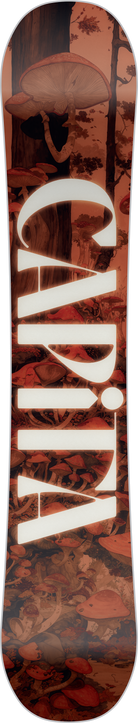 Snowboard with a camouflage pattern and visible branding on a wooden surface